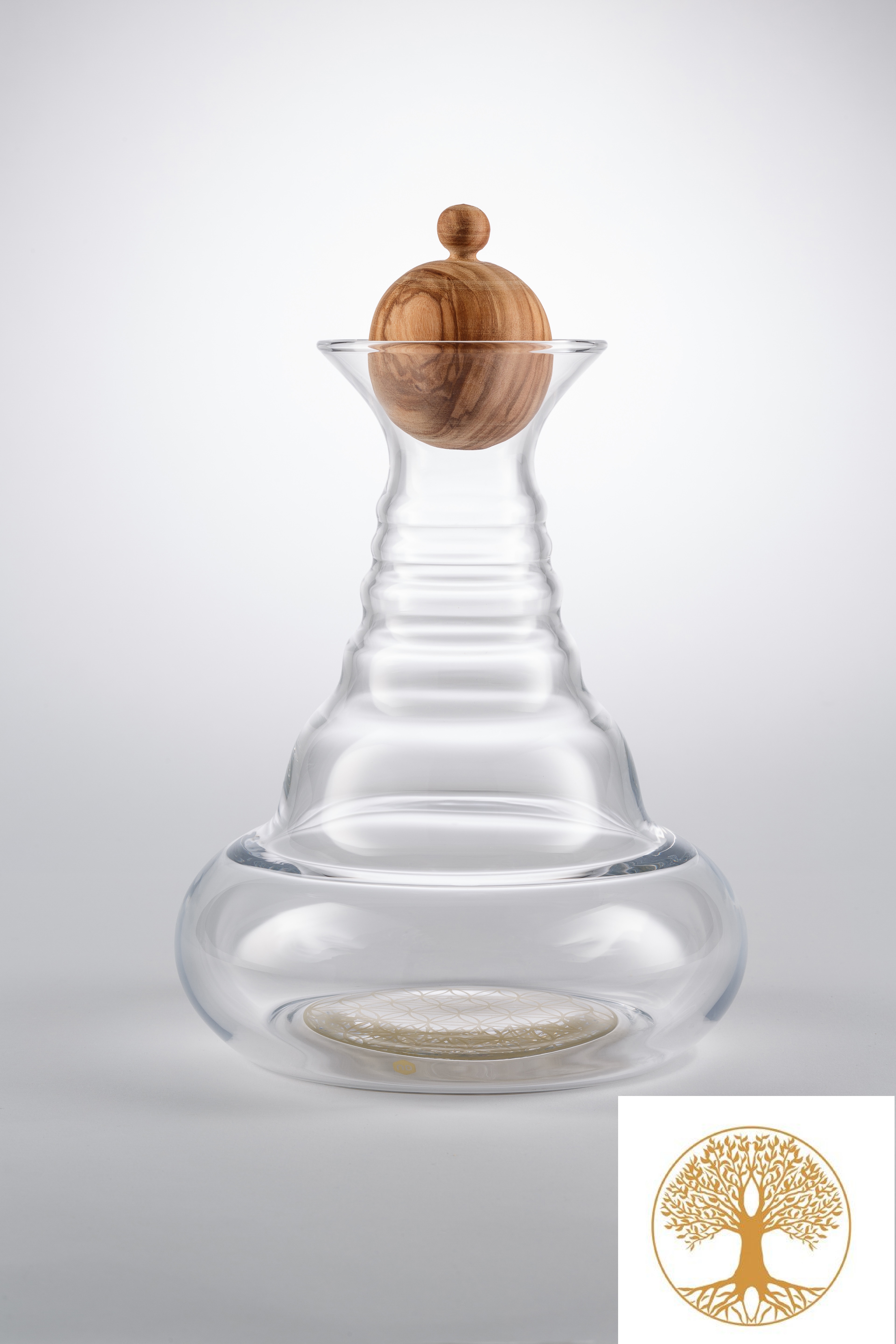 Karaffe Alladin 1,3l Gold - Lebensbaum - Olivenholzstöpsel - mundgeblasen