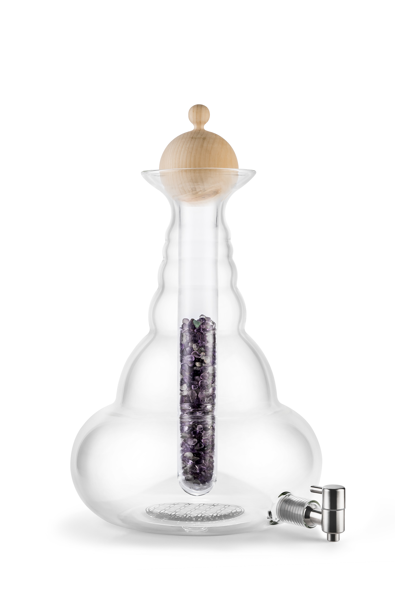7319-Carafe-Universe-10-l-3_LoRes Karaffe Universe 10l Platin - Blume des Lebens - Zirbenholzstöpsel - mundgeblasen