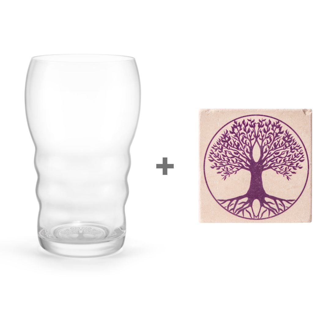 Trinkglas Galileo Gold Baum des Lebens 0,5l - mit Travertin-Untersetzer Baum des Lebens violett - Set