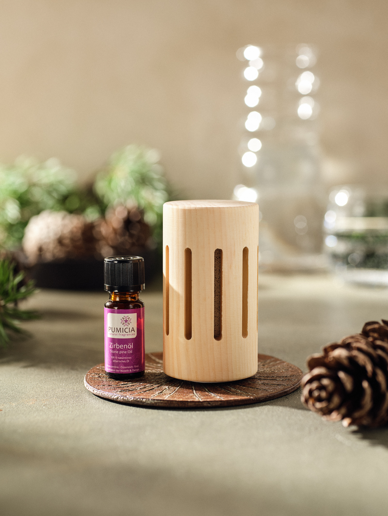 Zirbenholz-Diffusor rund & Zirbenöl Set